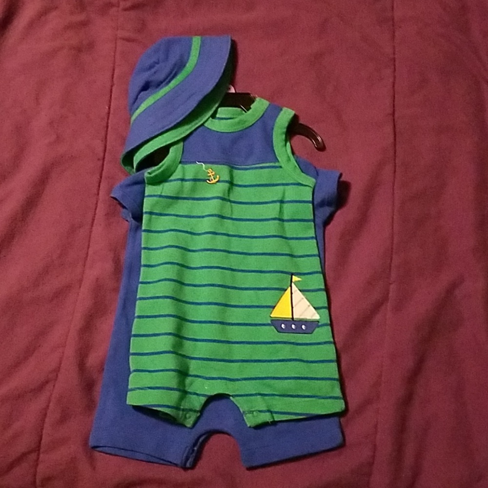 2 Infant Rompers with hat 3mo